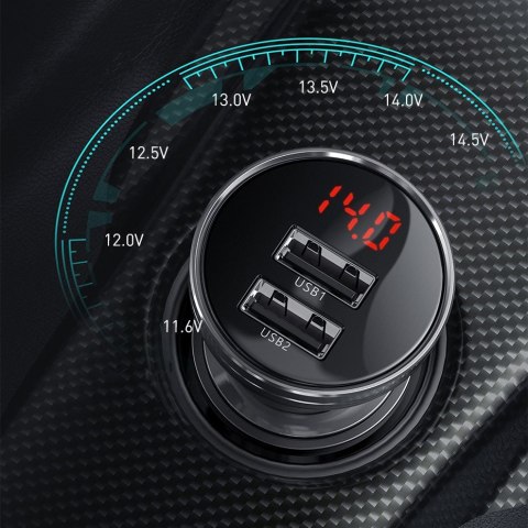 Ładowarka samochodowa 2x USB 4.8A 24W z wyświetlaczem LCD szary