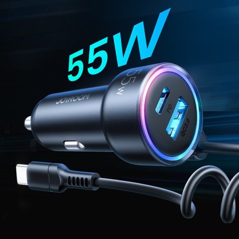Szybka ładowarka samochodowa 3w1 z kablem USB-C 1.5m 55W czarny