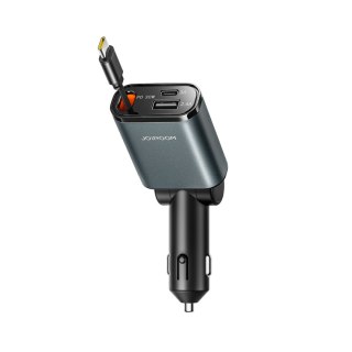 Ładowarka samochodowa 3w1 z kablem zwijanym USB-A USB-C - ciemnoszara