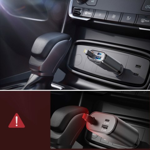 Ładowarka samochodowa 3w1 z kablem zwijanym USB-A USB-C - ciemnoszara JOYROOM