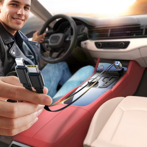 Ładowarka samochodowa 4w1 z kablami zwijanymi USB-A USB-C 30W- ciemnoszara