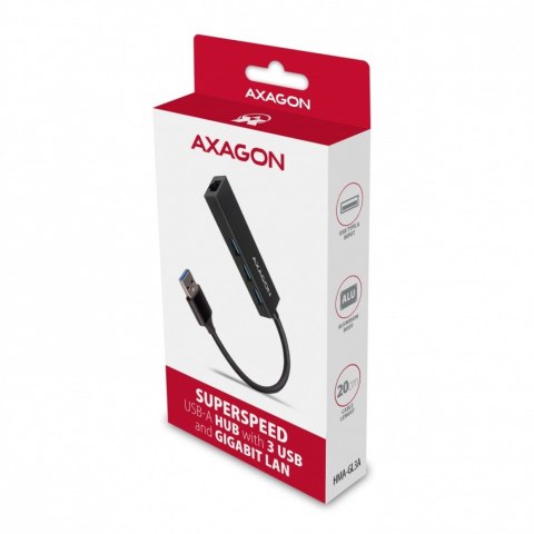 HMA-GL3A Wieloportowy hub USB 4in1, 5Gbps, 3x USB-A + GLAN, metalowy, 20cm USB-A kabel