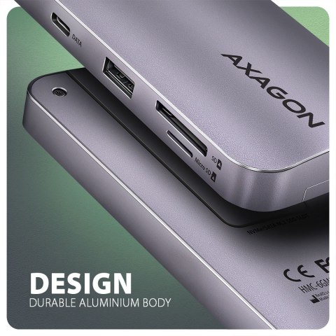 HMC-6GM2 Wieloportovy hub USB 6in1, 10Gbps, USB-A, USB-C, HDMI 4K/60Hz, M.2 NVMe/SATA, SD/microSD, PD 100W, 20cm USB-C kabel