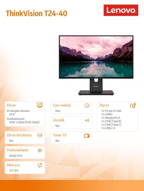 Monitor ThinkVision 23.8 cala T24-40 64A4MATXEU