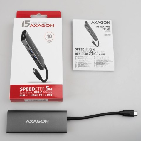 HMC-5G21 Wieloportowy hub USB 5in1, 10Gbps, 2x USB-A + 2x USB-C + HDMI 4K/30Hz, PD 60W, 13cm USB-C kabel