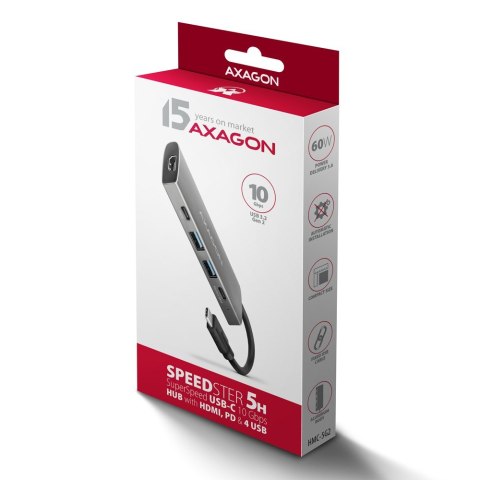 HMC-5G21 Wieloportowy hub USB 5in1, 10Gbps, 2x USB-A + 2x USB-C + HDMI 4K/30Hz, PD 60W, 13cm USB-C kabel