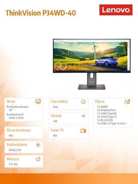Monitor ThinkVision P34WD-40 34 cale 64ADZAT1EU