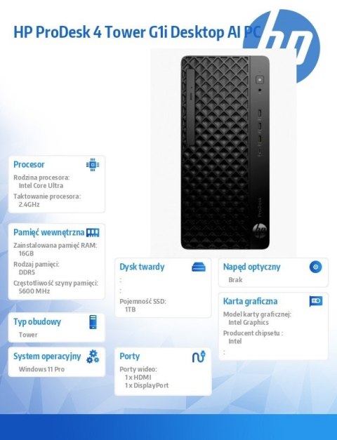 ProDesk 4 Tower G1i Desktop AI PC U7-265 1TB/16/W11P 9H7U8ET