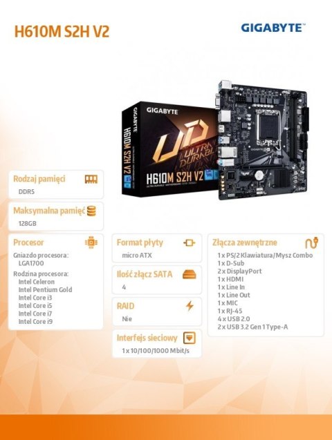 Płyta główna H610M S2H V2 s1700 2DDR 5 DP/HDMI/DSUB M.2 mATX