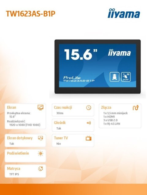 Monitor 16 cali TW1623AS-B3P,10P.DOT.IPS,ANDROID13,WIFI,24/7,RJ45, HDMI,3xUSB,CMS (iiSignage2)