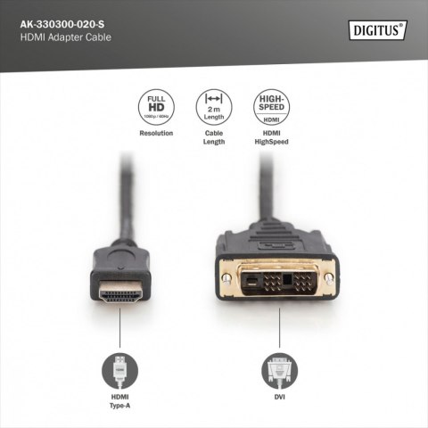 Kabel adapter HDMI Standard 1080p 60Hz FHD Typ HDMI A/DVI-D (18+1) M/M czarny 2m Digitus