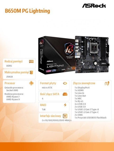 Płyta główna B650M PG LIGHTNING AM5 4DDR5 HDMI/DP mATX