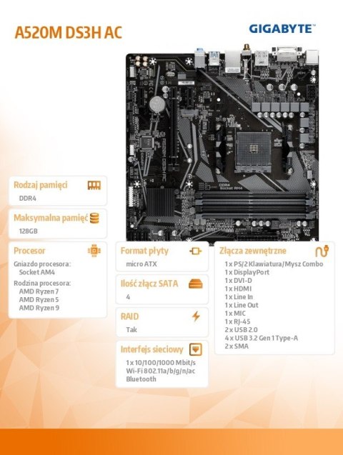 Płyta główna A520M DS3H AC AM4 4DDR4 /HDMI/DVI/DP M.2 mATX