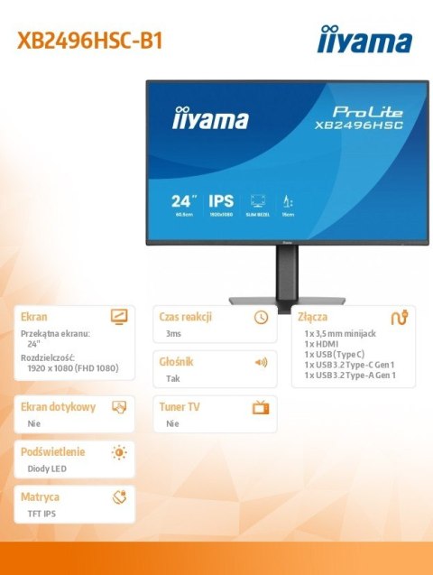 Monitor 24 cale XB2496HSC-B1 IPS, FHD, HDMI, USB-C (PD 65W), 144Hz