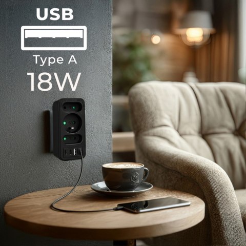 Rozdzielacz na 3 gniazdka MCE248 F/B 2xUSB-A 2xUSB-C czarny