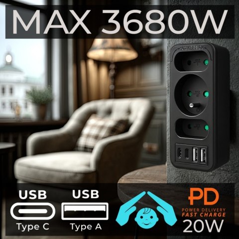 Rozdzielacz na 3 gniazdka MCE248 F/B 2xUSB-A 2xUSB-C czarny