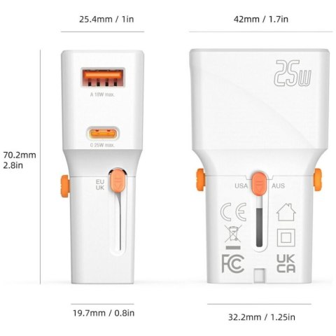 Ładowarka podróżna World Travel 25W USB-C + USB-A Biała