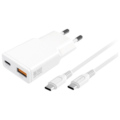 Ładowarka sieciowa PDPlug 20W GaN + USB-C + USB-A + kabel USB-C 1,5m Biała