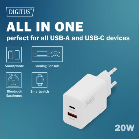 Ładowarka sieciowa 20W | 1x USB-C, 1x USB-A | PD 3.0, QC 3.0 | Biała