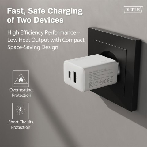 Ładowarka sieciowa 20W | 1x USB-C, 1x USB-A | PD 3.0, QC 3.0 | Biała