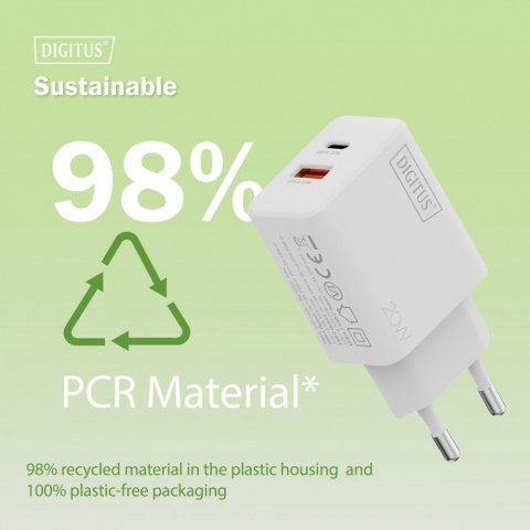 Ładowarka sieciowa 20W | 1x USB-C, 1x USB-A | PD 3.0, QC 3.0 | Biała