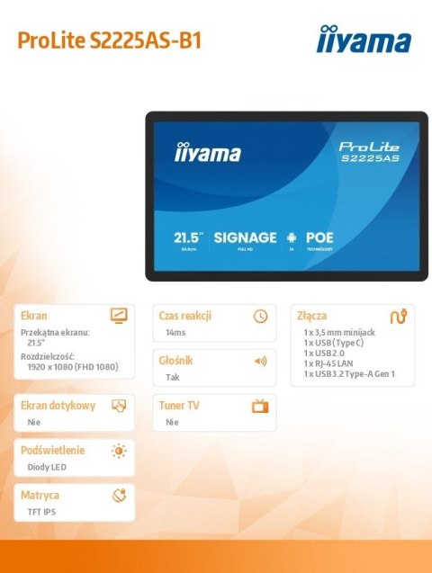 Monitor 21.5 cala ProLite S2225AS-B1 IPS,FHD,A14,24/7,RJ45,500cd2, USB-C,2x5W,iiSignage, WI-FI