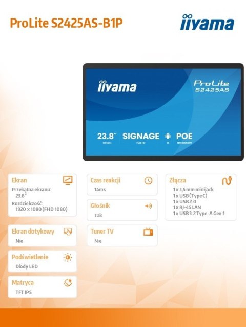 Monitor 23.8 cala ProLite S2425AS-B1 IPS,FHD,A14,24/7,RJ45, iiSignage, WI-FI
