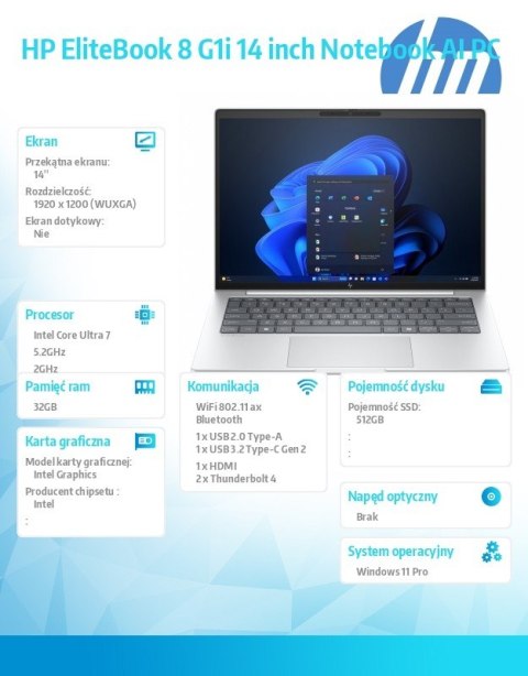 Laptop EliteBook 8 G1i U7-255U 512GB/32GB/W11P/14.0 C51GDET