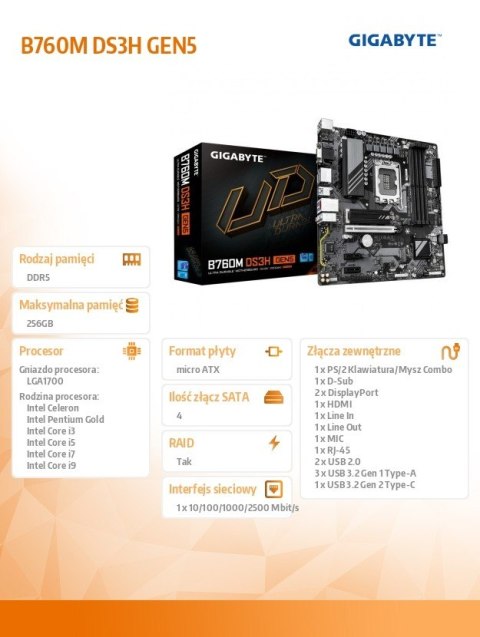 Płyta główna B760M DS3H s1700 GEN5 4DDR5 HDMI/DP/DSUB mATX