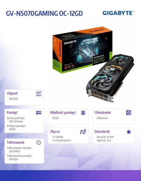 Karta graficzna GeForce RTX 5070 GAMING OC 12GB GDDR7 12GB 192bit HDMI/3DP