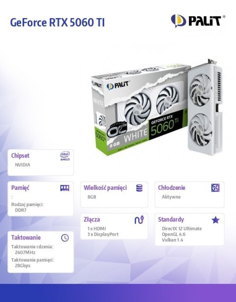 Karta graficzna GeForce RTX 5060 TI WHITE OC 8GB GDDR7 128bit 3DP/HDMI