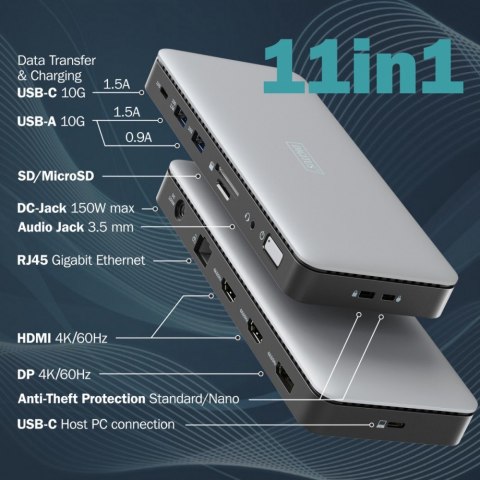 Stacja dokująca USB-C 11 portowa, max. 4K/60Hz z HDR, HDMI, DP, max. 3 monitory (MST), USB-C 3.2 Gen2, Gigabit Ethernet, SD/Micr