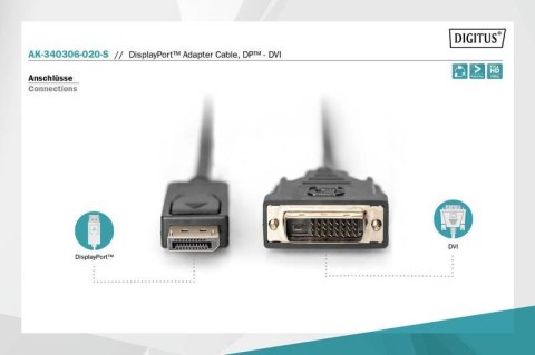 Kabel DisplayPort z zatrzaskiem 1080p 60Hz FHD Typ DP/DVI-D (24+1) M/M 2m Digitus