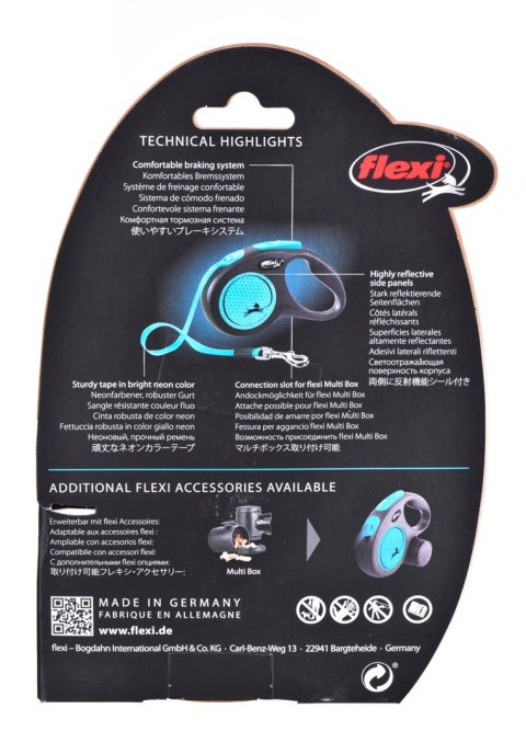 Smycz FLEXI automatyczna New Neon M taśma 5 m kol. niebieski