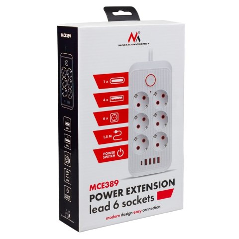 MACLEAN LISTWA ZASILAJĄCA, PRZEDŁUŻACZ 6 GNIAZD + 4XUSB, 110-240V AC 50/60HZ, 2.1A MAX 2500W, 1,5 M, BIAŁA MCE389 W