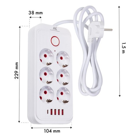 MACLEAN LISTWA ZASILAJĄCA, PRZEDŁUŻACZ 6 GNIAZD + 4XUSB, 110-240V AC 50/60HZ, 2.1A MAX 2500W, 1,5 M, BIAŁA MCE389 W