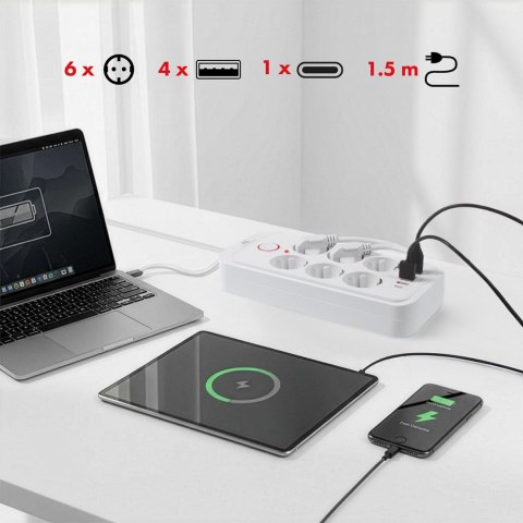MACLEAN LISTWA ZASILAJĄCA, PRZEDŁUŻACZ 6 GNIAZD + 4XUSB, 110-240V AC 50/60HZ, 2.1A MAX 2500W, 1,5 M, BIAŁA MCE389 W