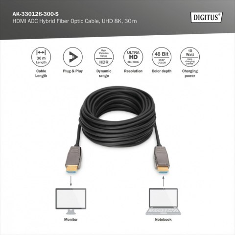 Kabel połączeniowy hybrydowy HDMI AOC | HDMI-A męski-męski | HDMI 2.1 | UHD-2 8K@60Hz | 48Gbps |HDR, eARC, HDCP 2.2, CEC | 30m