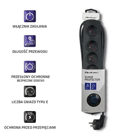 Listwa antyprzepięciowa 5 gniazd | 1.8m | Czarna Qoltec