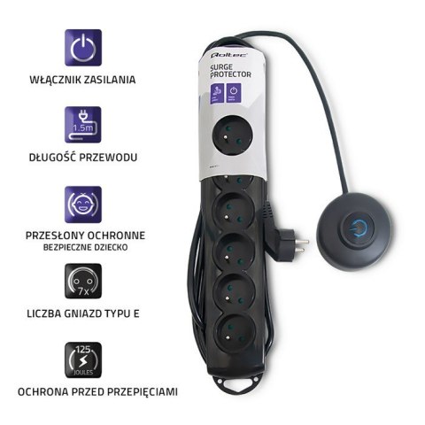 Listwa antyprzepięciowa z wyłącznikiem nożnym | 7 gniazd | 1.5m | Czarna Qoltec