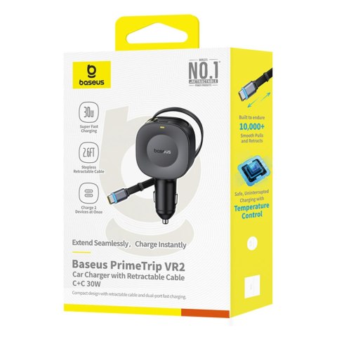 Ładowarka samochodowa USB-C ze zwijanym kablem USB-C 30W - czarna BASEUS