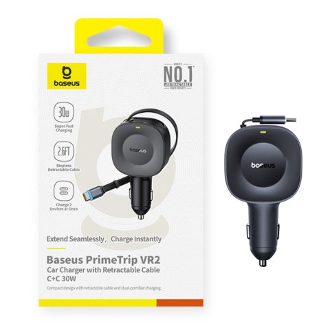 Ładowarka samochodowa USB-C ze zwijanym kablem USB-C 30W - czarna BASEUS
