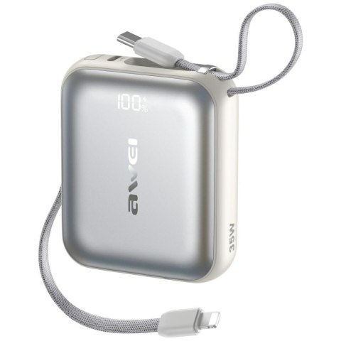 Powerbank AS-181 35W 10000mAh + kable Lightning i USB-C srebrny