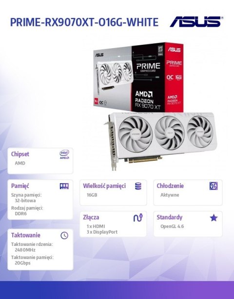 Karta graficzna Radeon RX 9070 XT PRIME OC WHITE 16GB GDDR6 256bit 3DP/HDMI