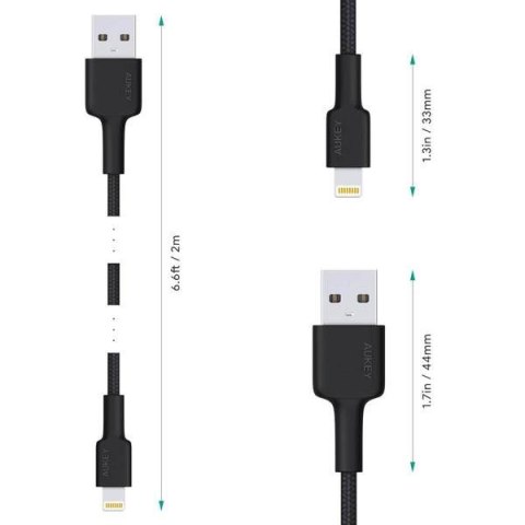 CB-AL05 kabel Lightning - USB-A 2m MFi Apple nylonowy oplot czarny AUKEY