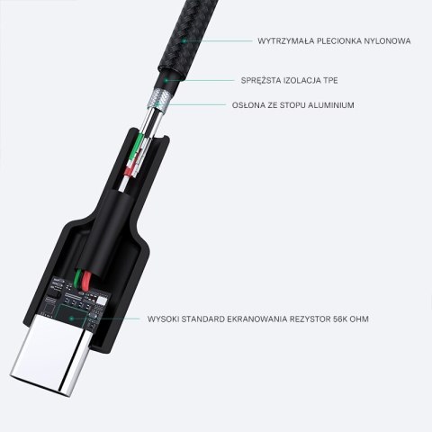 CB-CA2 OEM kabel USB-C - USB-A 2m 60W PD 3A 20V FCP AFC nylonowy oplot czarny