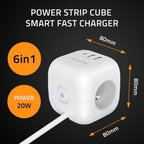 Kostka zasilająca przedłużacz 6w1 z podświetlanym włącznikiem | 3x AC | 2x USB | 1x USB-C PD 20W | biała | kabel 2m