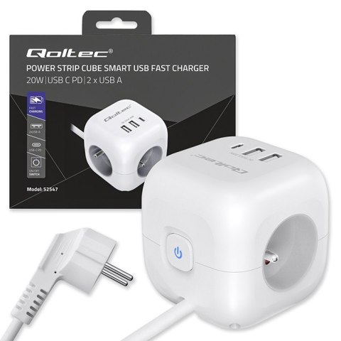 Kostka zasilająca przedłużacz 6w1 z podświetlanym włącznikiem | 3x AC | 2x USB | 1x USB-C PD 20W | biała | kabel 2m