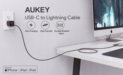 CB-CL03 kabel Lightning - USB-C 2m MFi Apple USB-PD nylonowy oplot czarny AUKEY
