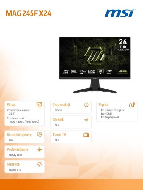 Monitor 23.8 cala MAG 245F X24 LED/FHD/Flat/240Hz/czarny
